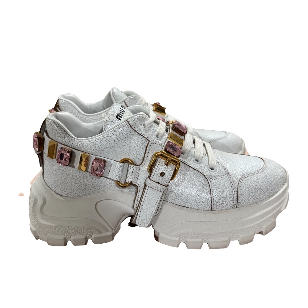 MIU MIU Monstar Jeweled Cracked Leather Sneaker in Bianco Rosa  Size 40